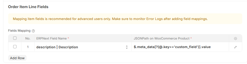 Sales Order Item Fields Mapping